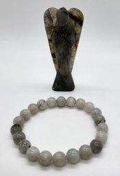 Hand Carved Labradorite Guardian Angel With Matching Beaded Stretch Bracelet