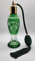 Vintage Bohemian Green Cut Crystal Perfume Bottle With Atomizer