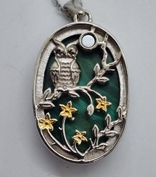 African Malachite Owl Pendant Necklace In 14k Yellow Gold & Platinum Over Copper With Magnet & Stainless