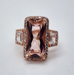 Morganite Simmulant, White CZ, 18k Rose Gold Over Sterling Ring