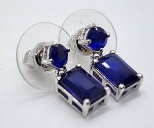 Blue Spinel Dangle Earrings In Platinum Over Sterling