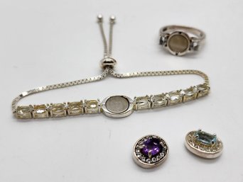 Sterling Bolo Bracelet & Ring With Interchangeable Amethyst & Blue Topaz Magnetic Charms