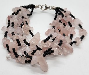 Rose Quartz, Black Spinel, Multi-row Bracelet In Sterling