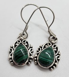 African Malachite Dangle Earrings In Sterling