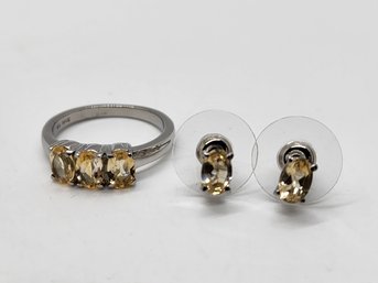 Brazilian Citrine 3 Stone Ring & Stud Earrings In Stainless