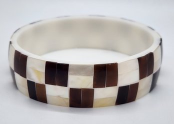 Handcrafted Mother Of Pearl Shell Inlay & White Resin Bangle Bracelet