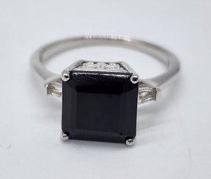 Australian Black Tourmaline, White Topaz Ring In Platinum Over Sterling