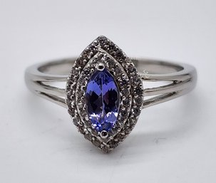 Tanzanite, White Zircon Double Halo Ring In Platinum Over Sterling