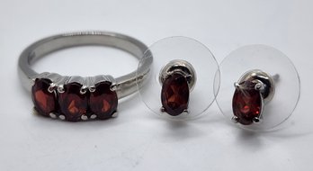 Red Garnet Ring & Stud Earrings In Stainless