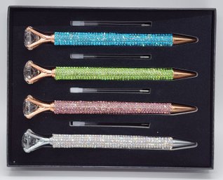 Set Of 4, Colorful Crystal Pens With 4 Refills