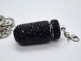 Black Austrian Crystal Pill Case Pendant Necklace & Keychain In Stainless & Silvertone