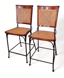 Fine Pair Of 1990s Grange France Cherry & Wrought Iron Caned Seat Counter / Bar Stools