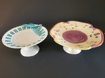 Two Ceramic Pedestal Dishes -J. Godinger White Woven Ribbon Antique Reflections / Milson & Louis