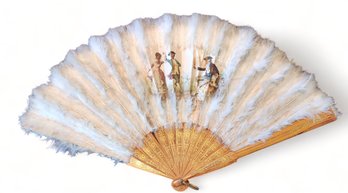 Antique French Cloth Folding Fan With Feathers ~ Wood Handle ~ 12 Inches