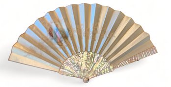 Antique French Mother Of Pearl Hand Painted Paper Folding Fan, C1900