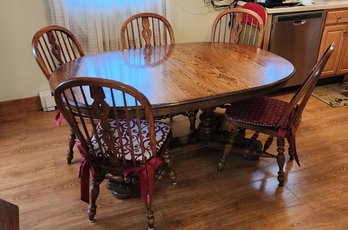 Solid Oak 1990s Oval Trestle Dining Room ~ Kitchen Table W/ 5 Matching Windsor Hoop Back Side Chairs