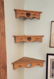 3 Amish Pine Hanging Graduated Heart Cut Out Corner Shelves, 1990s