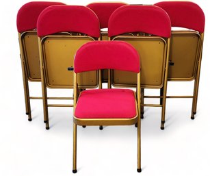 Set 6 Red With Gold Metal Frames Meco Company Folding Chairs, 1980s