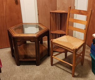 3 Misc Pieces Of Small Furniture ~ Octagon Glass Side Table, Small Rush Seat Chair, Small Corner Shelf