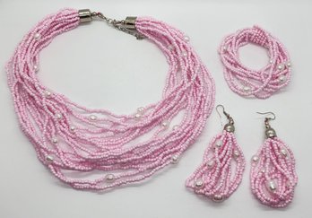 Pink Seed Beaded, Simulated Pearl Multi Layer Necklace, Dangle Earrings & Stretch Bracelet In Stainless