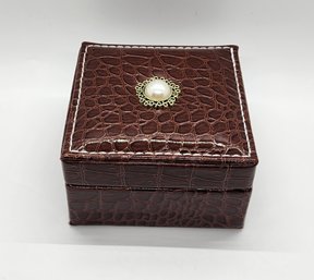 Faux Pearl Faux Brown Leather Mini Travel Jewelry Box