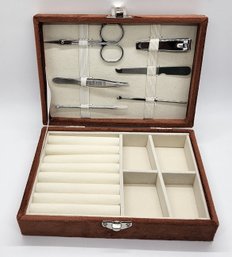 Brown Velvet Jewelry Box With 6 Piece Manicure Set