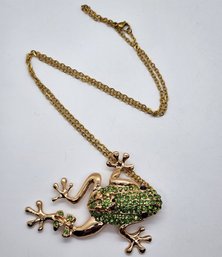 Austrian Crystal Frog Pendant With Gold Over Stainless Chain