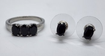 Black Spinel Ring & Stud Earrings In Stainless