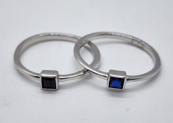 Black Spinel Ring & Blue Spinel Ring In Rhodium Over Sterling