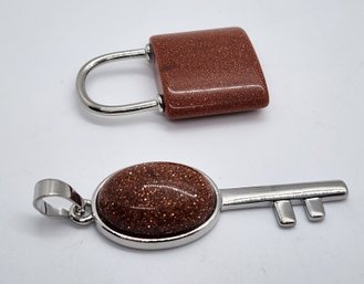 Gold Sandstone, Lock & Key Pendants In Silvertone