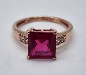 Faux Red & White Diamond Ring In 14k Rose Gold Over Sterling