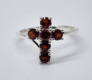 Red Garnet Cross Ring In Sterling Silver