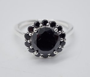 Simulated Black Diamond Halo Ring In Sterling