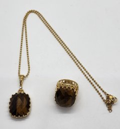 Tigers Eye Ring & Pendant Necklace In Plated Yellow Gold Stainless Steel