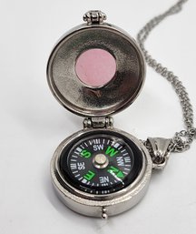 Rose Quartz Openable Pendant Necklace With Compass In Stainless