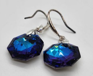 Simulated Blue Topaz Drop Earrings In Rhodium Over Sterling