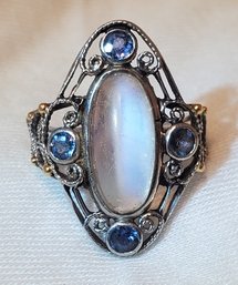 Gorgeous Sterling Silver Size 4 Moonstone With 4 Tested Blue Topaz Victorian Style Ring ~ 4.03 Grams