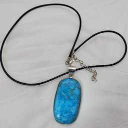 Silver Plated Huge 2' X 1' Turquoise Pendant On 18' Rope Necklace