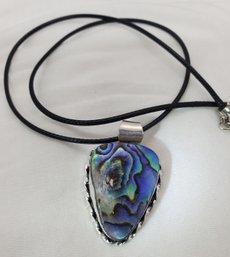 Silver Plated 1 1/4' X 3/4' Abalone Shell Pendant On 18' Rope Necklace