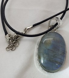 Silver Plated 1 1/8' X 3/4' Labradorite Pendant On 18' Rope Necklace