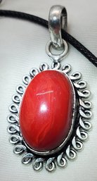 Silver Plated 1 1/4' X 7/8' Red Coral Pendant On 18' Rope Necklace