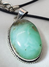 Silver Plated 1 1/4' X 3/4' Beautiful Chrysoprase Gemstone Pendant On 18' Rope Necklace