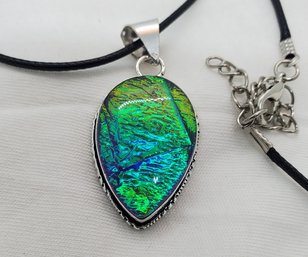 Silver Plated Manufactured Blue/Green Australian Triplet Opal Pendant ~ 1' X 3/4' On A Rope Necklace