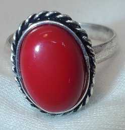 Silver Plated Size 9 Red Coral Ring ~ 5/8' X 1/2'