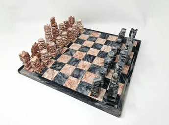 Carved Alabaster Checkered Chess Set