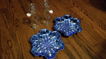 2 Glass Bottles, 2 Snowflake Plastic Serving Dishes