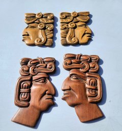 Double Set Of Natural Wood Carved Tribal Head Profile Wall Hangings  -Made In  Guatamala