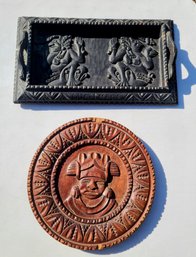 Vintage Decorative Wood Carved Tray And Medallion Plate From Guatemala