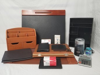 Large Lot Office Supplies: Organizers, Electric Pencil Sharpener, Dacasso Leather Slide-Rail Desk Pad & More