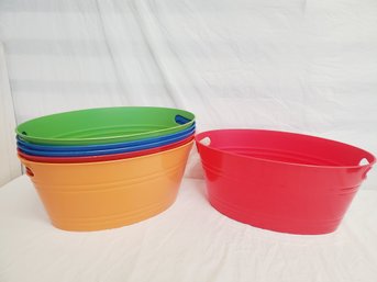 Six Colorful Oval Plastic Handled Party Storage Tubs